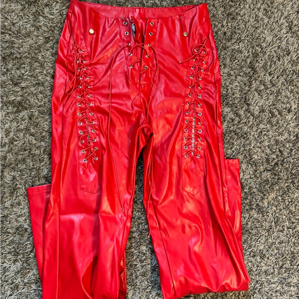 Red pleather pants